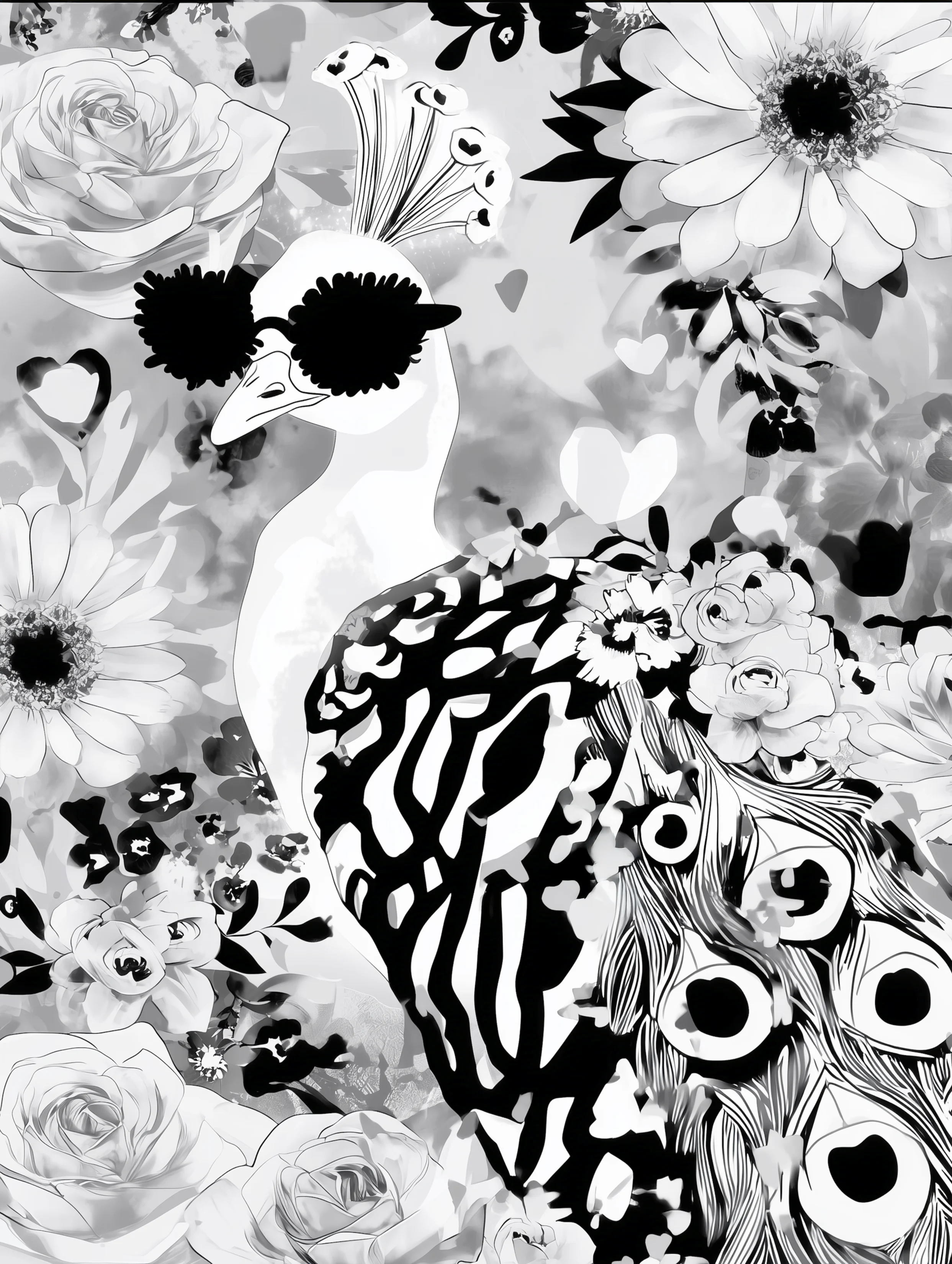 Free printable coloring page of peacock for adults featuring furry sunglasses peacock